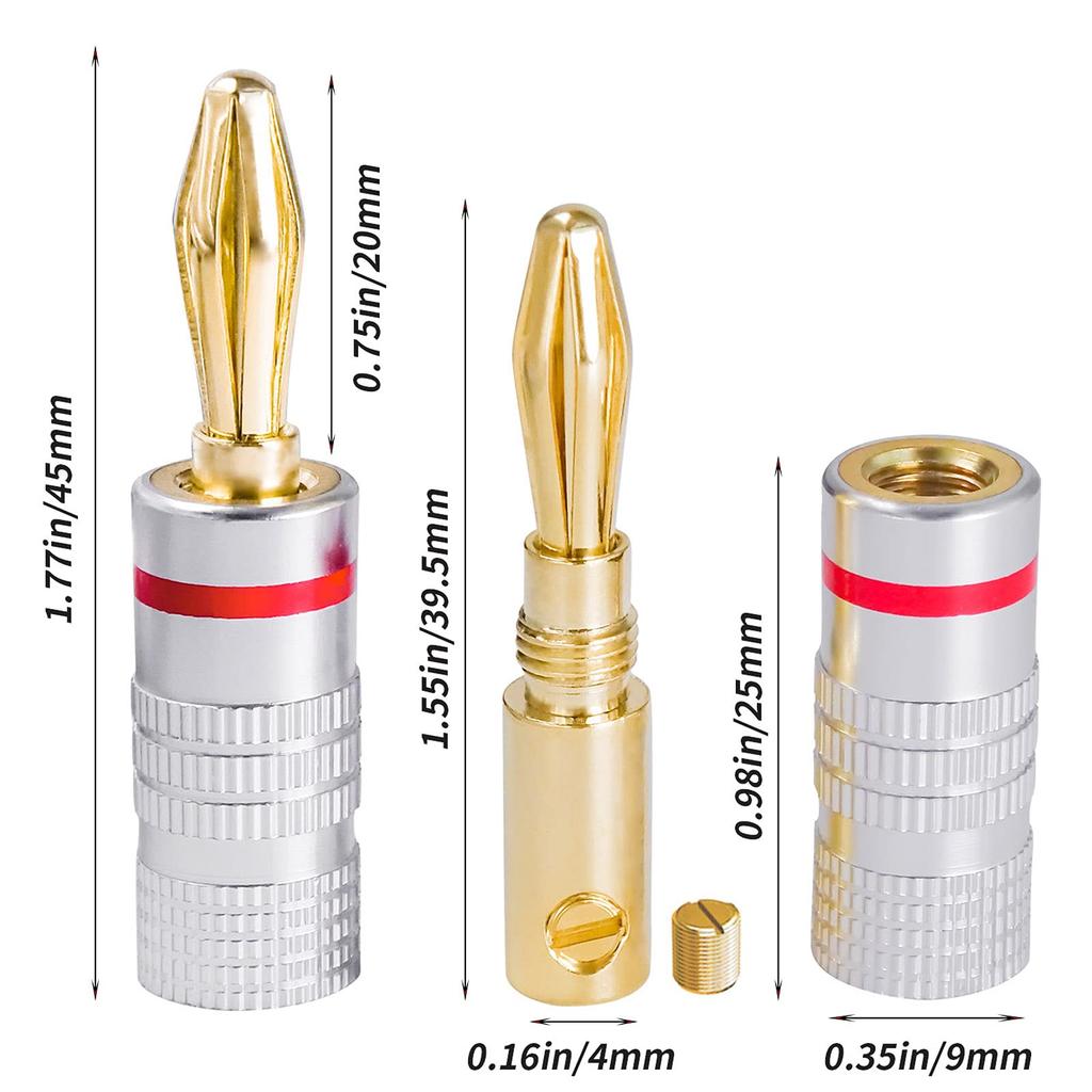 Cleqee 24K Gold Plated Banana Speaker Cable Audio Jack for Speaker Wire Plugs, 8-Pack, Connectors, Connectors,