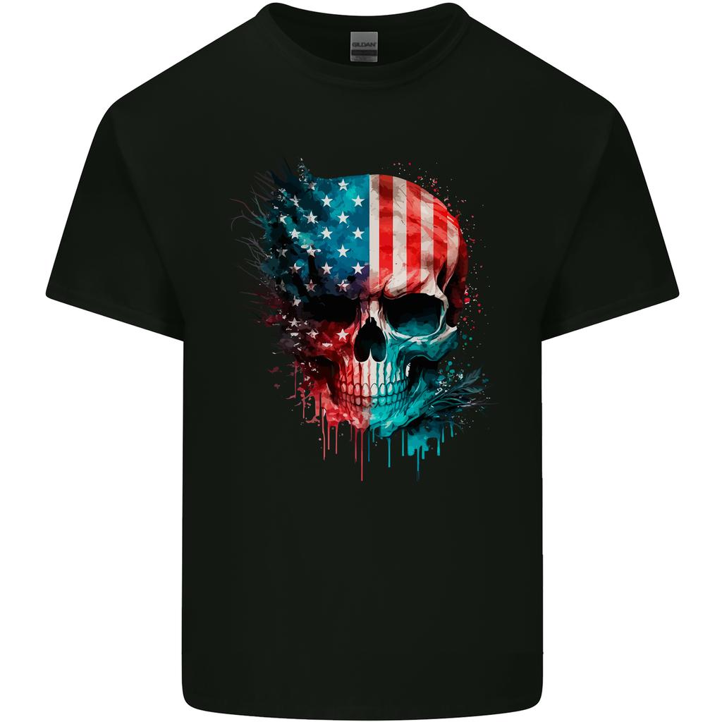American Flag Skull USA Biker Motorcycle Veteran Unisexs Light Cotton TShirt