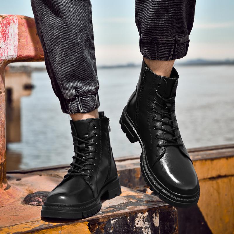 Winter Men's Genuine Leather Boots Thick Bottom Work Suit Boots Cold Resistant Cotton Boots Outdoor Hiking Travel Boots