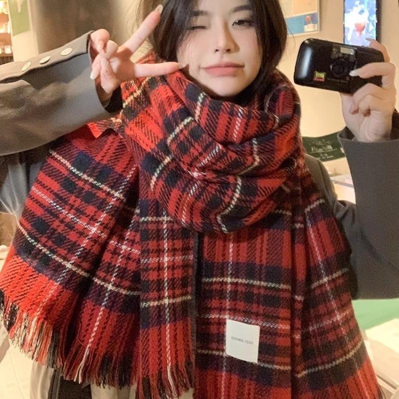Atmosphere red plaid scarf female winter retro versatile student couple warm scarf Christmas gift