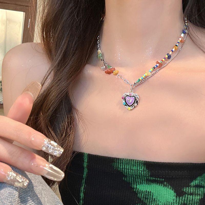 Sweet Cool Girl~ Color Beaded Love Necklace Women's ins Tide Niche Design Light Luxury Premium Versatile Clavicle Chain