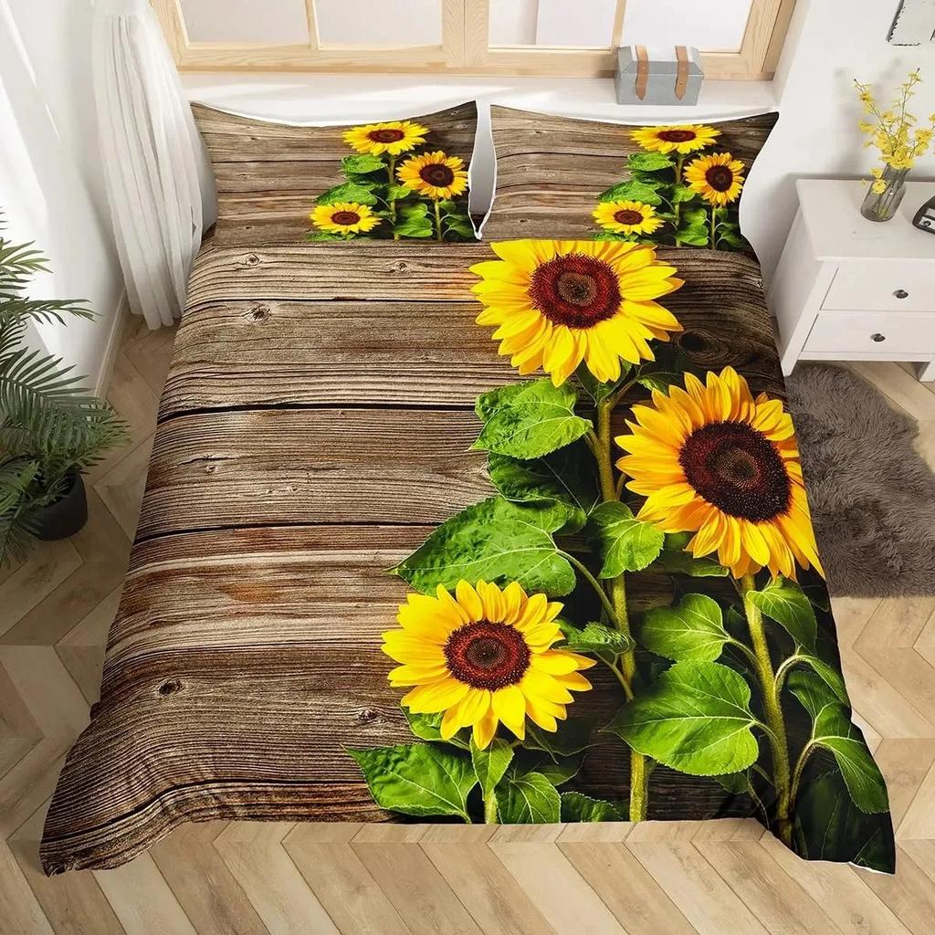 Sunflower Duvet Cover Set Full Size for Girl Yellow Flower Bedding Set Botanical Floral Comforter Cover on Teal Wood Quilt Cover