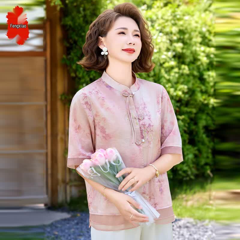 Elderly Women s New Chinese Style Floral Summer Top XL розовый