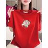 Trendy Red Short-Sleeve Printed T-Shirt for Women, Loose Fit Plus Size, Stylish Versatile Top for Middle-Aged and Elderly.
