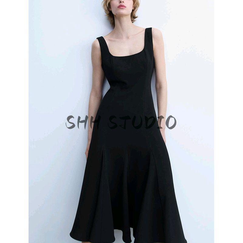 Spring New Women's Clothing Hepburn Style Minimalist Long Wide Shoulder Strap Square Collar Midi Skirt Dress 4088046