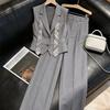 Women Grey 2 Pieces Vest Pants Set Intellectual Fashion Sharp Professional Office Commuter Suit Without Tie