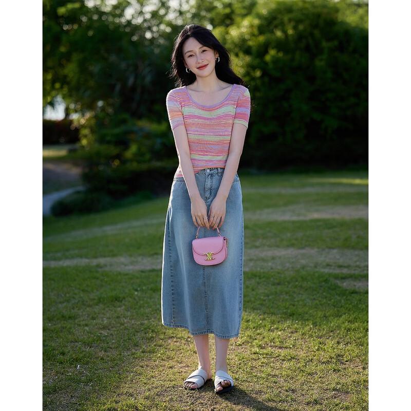 Demana Retro French Style Color-Block Square Neck Knit Top