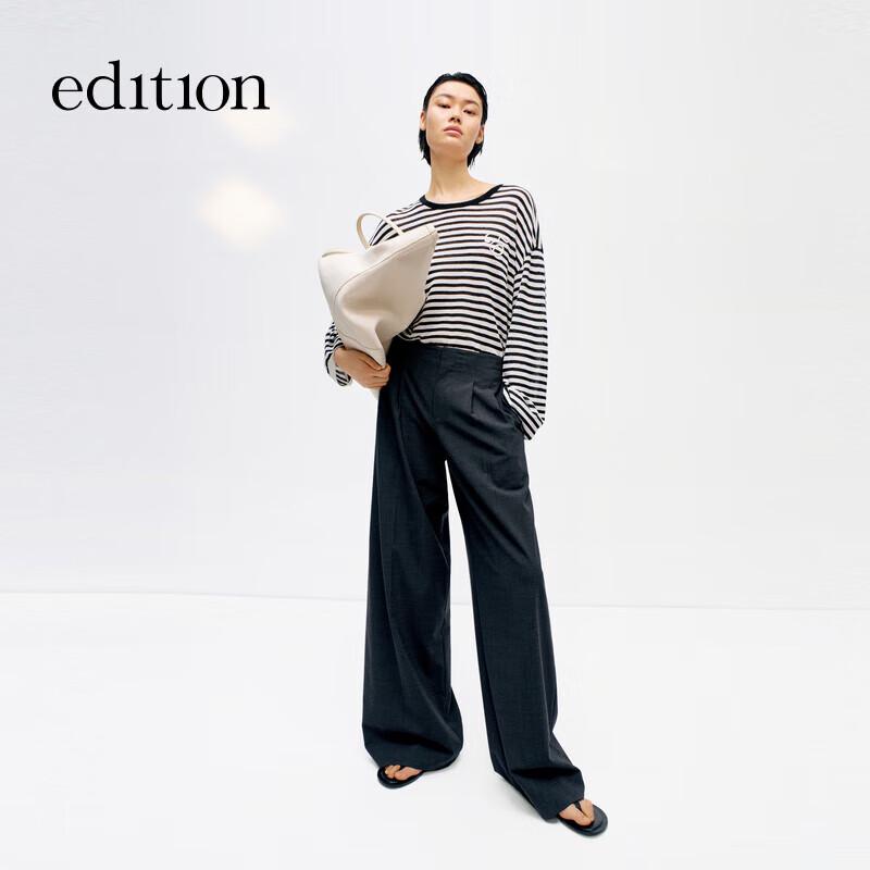 Хлопково-льняная полосатая свободная вязаная футболка с длинным рукавом M (165)