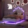 Letto Matrimoniale Piatto 90*200cm, Letto Principessa a Forma di Corona, Rivestimento Morbido in Ecopelle PU, Striscia LED Ambientale Regolabile, Bianco