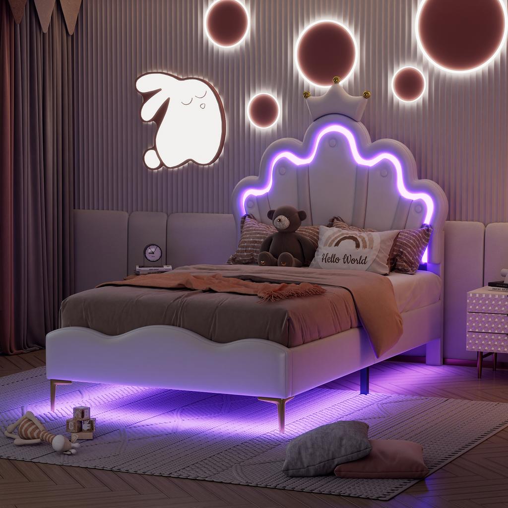 Letto Matrimoniale Piatto 90*200cm, Letto Principessa a Forma di Corona, Rivestimento Morbido in Ecopelle PU, Striscia LED Ambientale Regolabile, Bianco