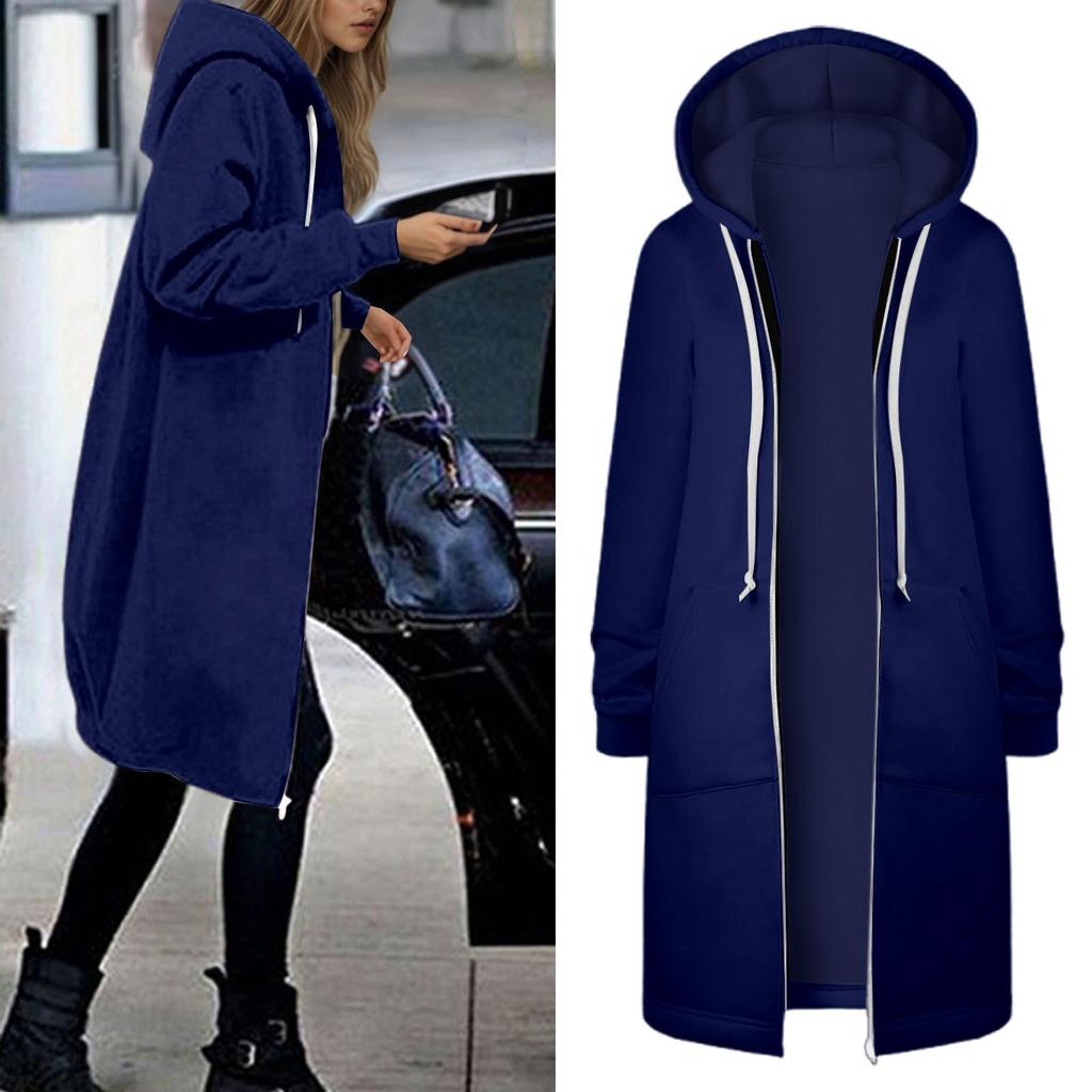 Women's Fashionable Solid Color Long Sleeved Pocket Long Hoodies Zipper Casual Coat Fall Jackets Sweatshirts Clothes