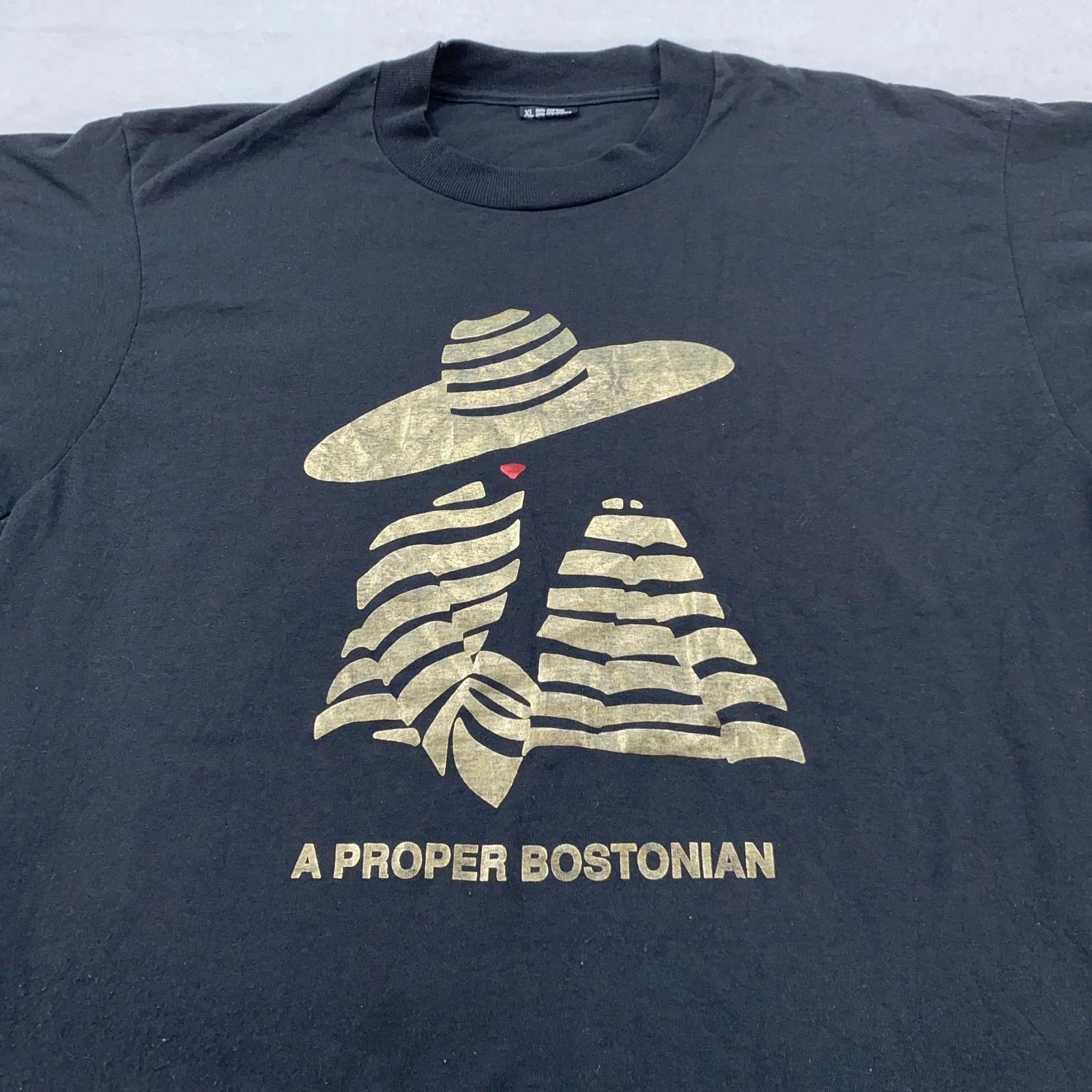 vintage A Proper Bostonian Shirt Mens L/XL Black Graphic Tee Funny Humor Boston M