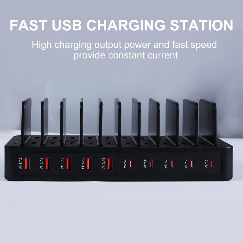 Intelligent European Plug Desktop Chargers with 10 Ports 5 USB 5 Type C ABS Material for Organized Multi Device Charging