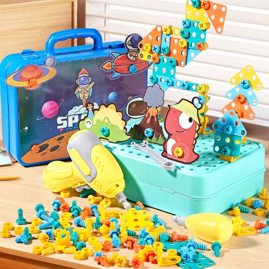 233Pcs/Set Kids Toolbox Toy with Electric Drill Simulated Screws Turning Workbench Educational Puzzle Building Portable Tool Box Toy