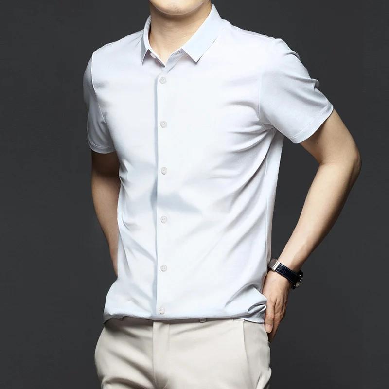 2026 New Spring Summer Men's Shirt Non-Ironing Anti-Wrinkle Business Casual Solid Color Elastic Smooth Short Sleeves Work Shirt