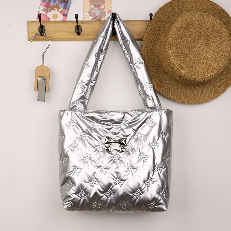

2025 новая сумочка бант девичье сердце высокая ценность ins стиль большая вместимость серебристая сумка через плечо сумка-тоут серебряный