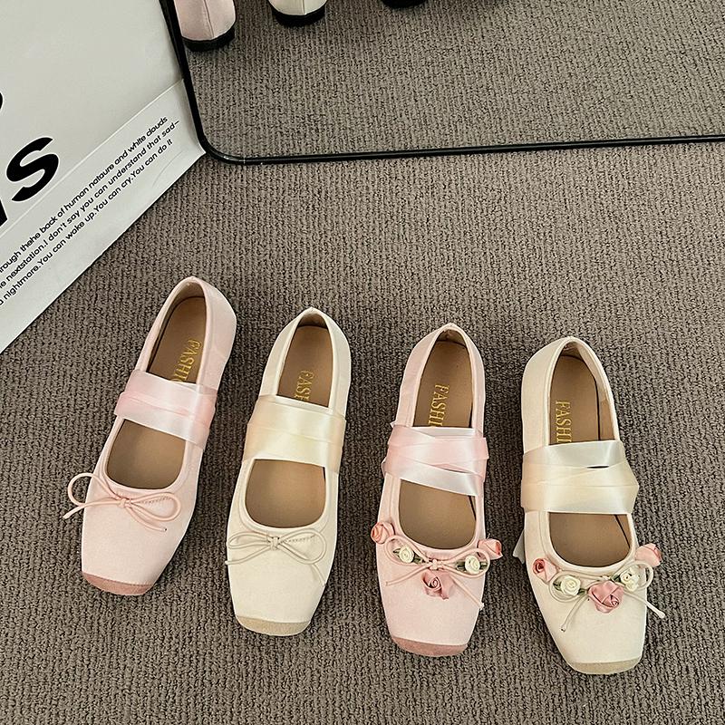 Modă Lux Dantelă Legătură Picior Satin Mătase Balerini Femei Vârf Pătrat Fundiță Bandă Elastică Balerini Doamnelor Nuntă Pantofi Florali Mocasini