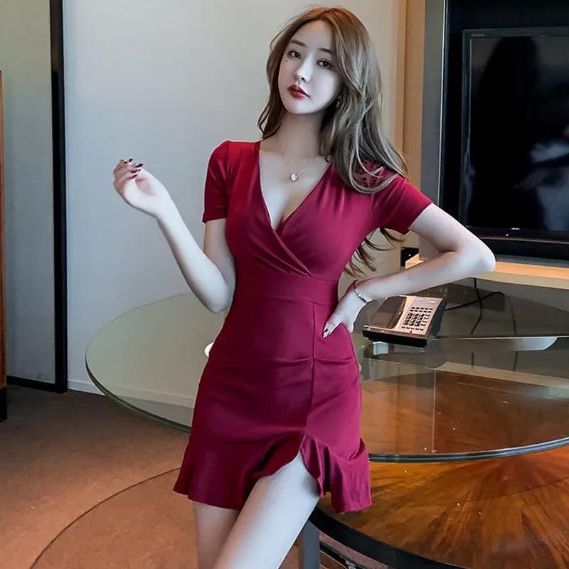 2024 Summer V-neck Korean Hepburn Bodycon High Waist Fishtail Mini Dress