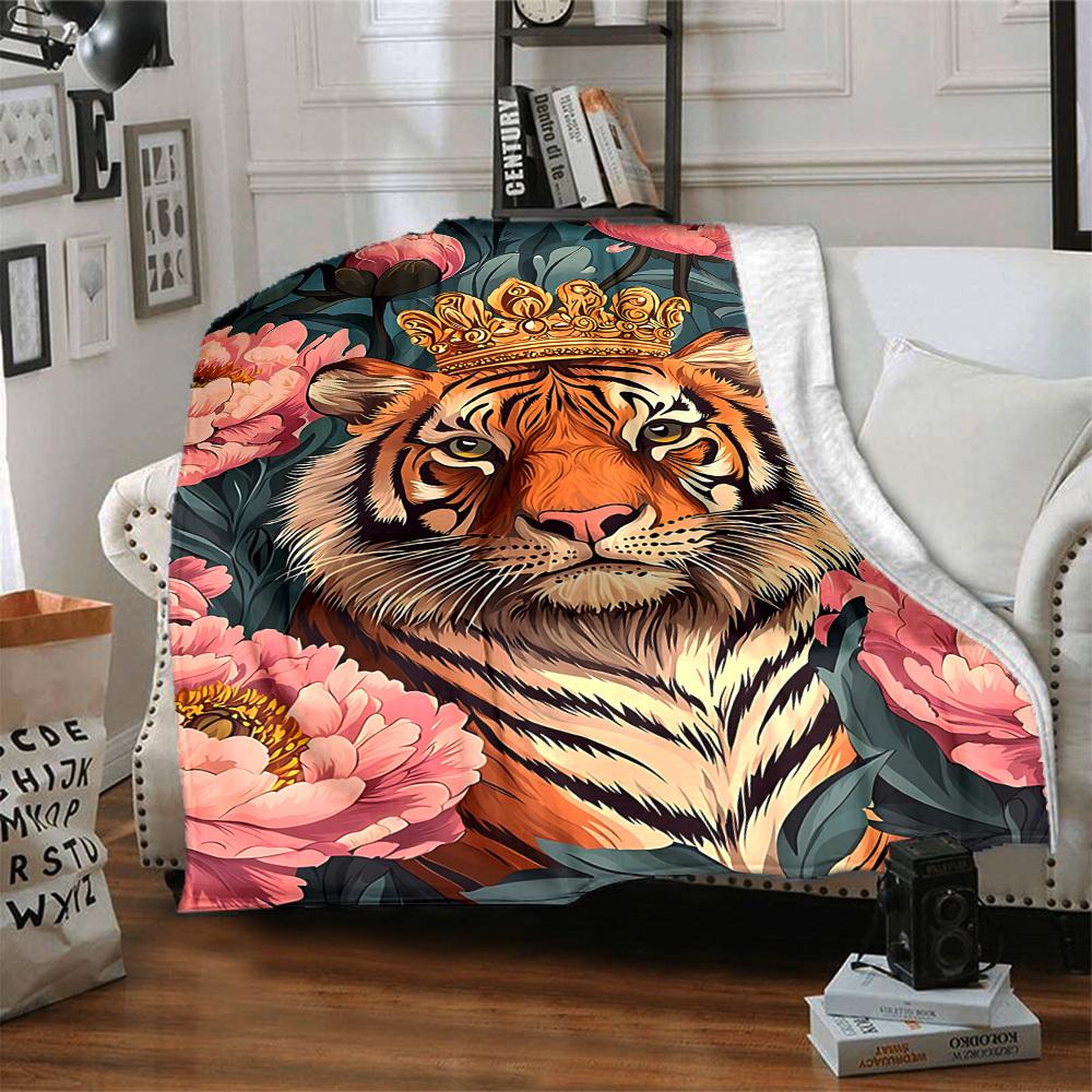 1pc Tiger Crown Floral Soft & Warm Polyester Knit Blanket, Digital Printed, All-Season Throw for Napping, Traveling, Sofa Yy250906046