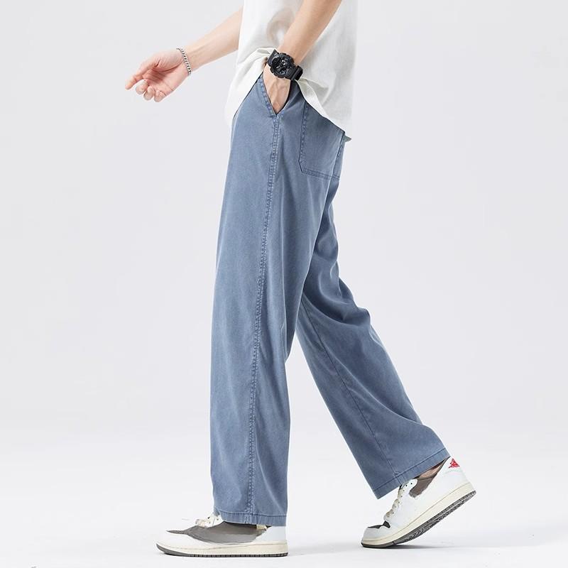 Men's Summer Thin Baggy Jeans Lyocell Soft Breathable Straight Trousers Elastic Waist Casual Blue Gray Wide Pants
