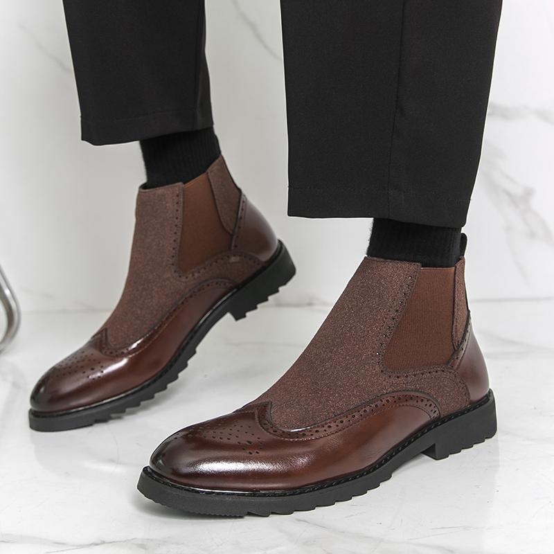 Fashion Designer New Men's Pointed Patchwork Patent Leather Casual Brogues Ankle Boot Male Winter Brown Black High Tops Shoes