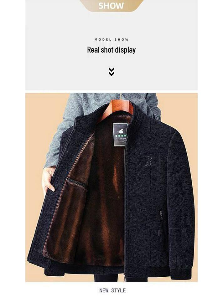 Men's Woolen Winter Coat with Fleece Lining and Thick Insulation - Ideal for Middle-aged and Elderly.