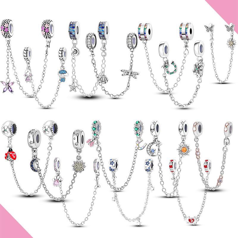 New Copper Safety Chain Moon Flower Star Dangle Charm Fit Original Diy Bracelet For Women Girl Jewelry