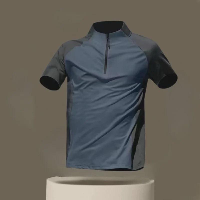 Ice Silk Quick-Dry Short Sleeve Performance Shirt - Breathable, High Elasticity, Half-Zip, Stand Collar for Running and Fitness