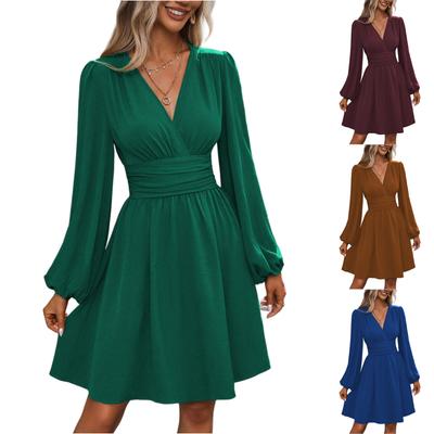 Vestido Versátil Feminino da Moda de Cor Sólida com Decote V e Manga Comprida Plissado