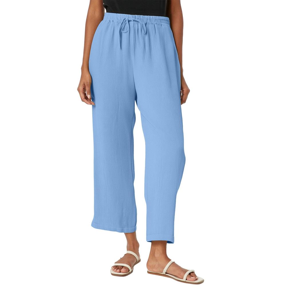 Dámské jednobarevné bavlněné a lněné kalhoty s kapsami a elastickým pasem, volnočasové kalhoty