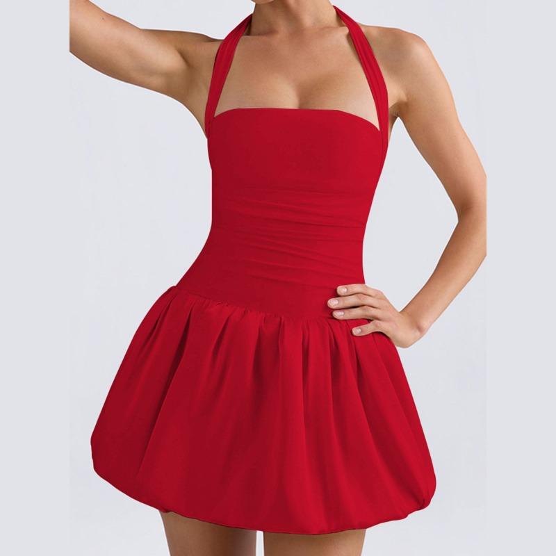 Women's Summer Pleated Backless Sexy Lace Up One Line Neck Princess Dress