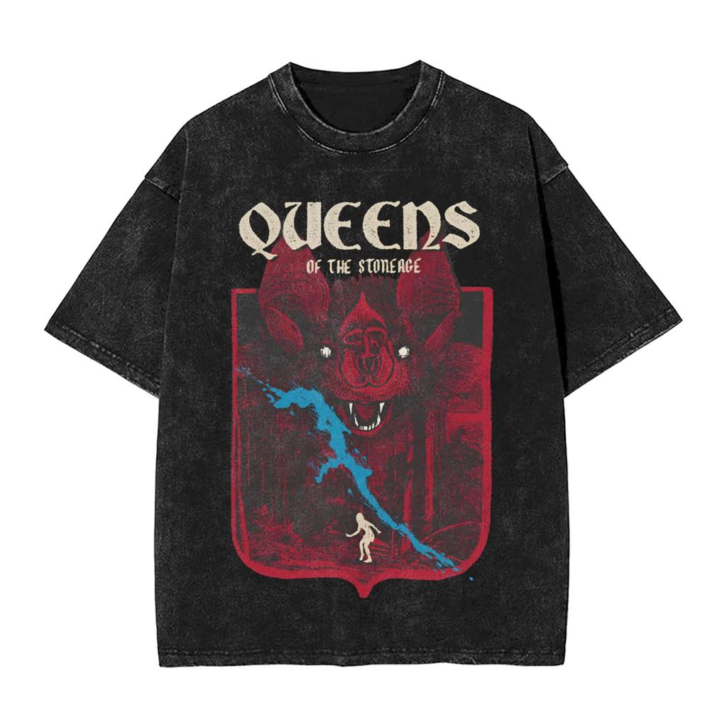 Camiseta Retro para Hombre de la Banda Queen of The Stone Age Lavada Camisetas Divertidas Manga Corta Cuello Redondo Ropa de Algodón Puro