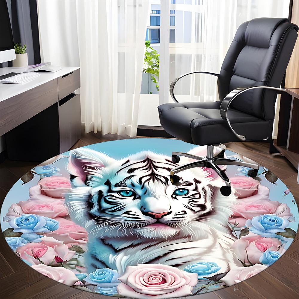 1pc White Tiger Roses Chair Carpet for Office, Non slip, Soft and Durable Office Rug for Interior Decoration