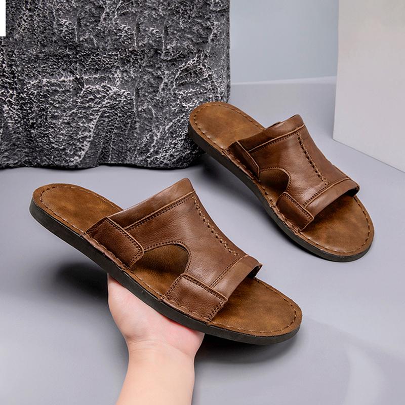 

Men Slippers Handmade Simple Flats Brown Leather Sandals Black Summer Roman Sandals Open Toe Beach Shoes Plus Size EU:48