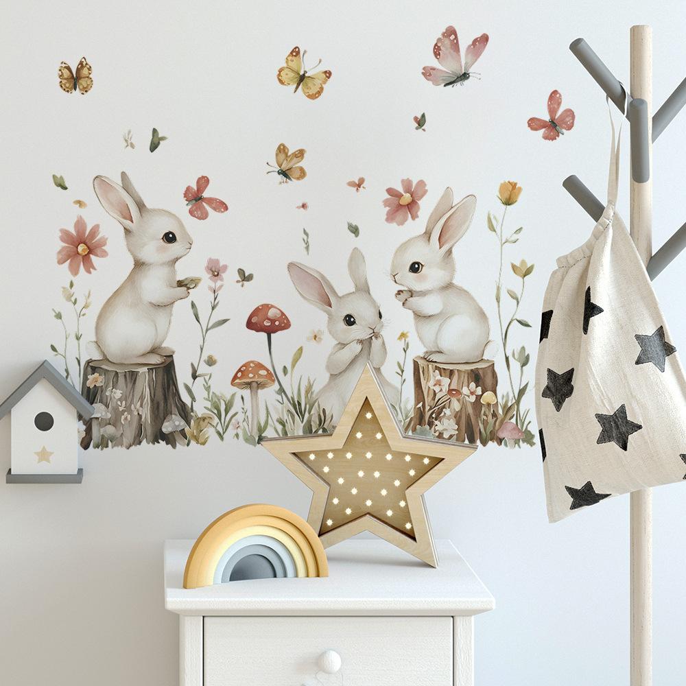 2 Pcs Cartoon Bunny Flowers and Leaves Bedroom Living Room Home Background Beautification Decoration Wall Stickers