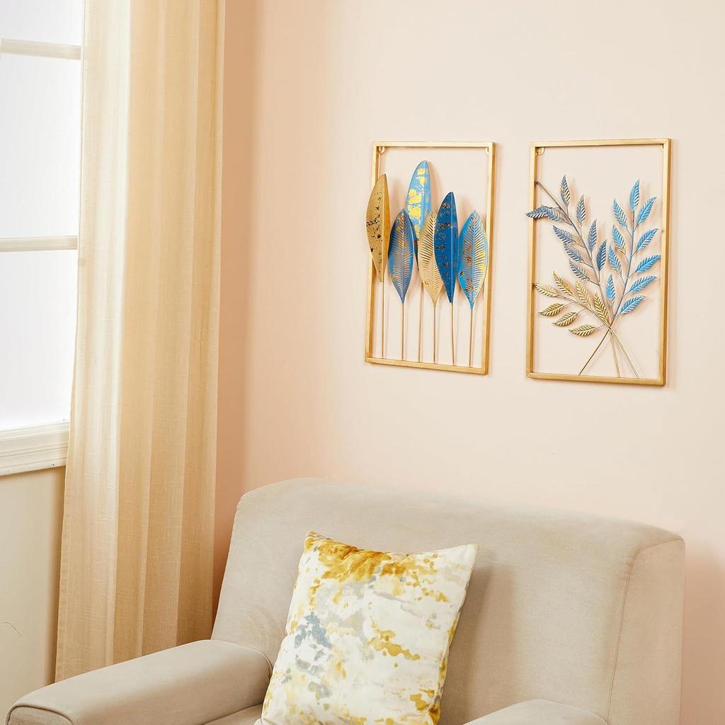 Metal Leaf Wall Hanging Decor | Nature-Inspired Leaf Design | Easy Installation (Set of 2 | Gold)
