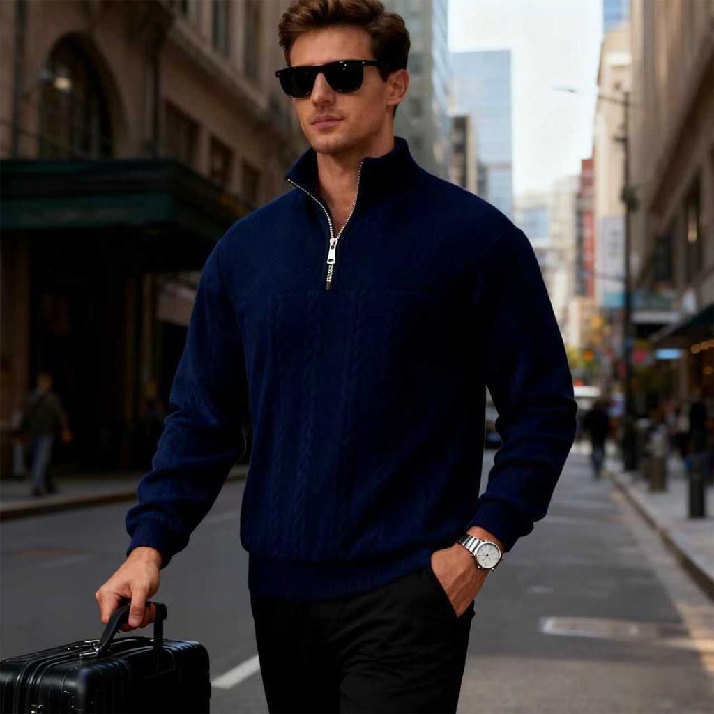 Men's Knitted Pullover Sweater Half Zip Stand Collar Cable Knit Pattern Long Sleeve Casual Winter Warm Sweatshirt