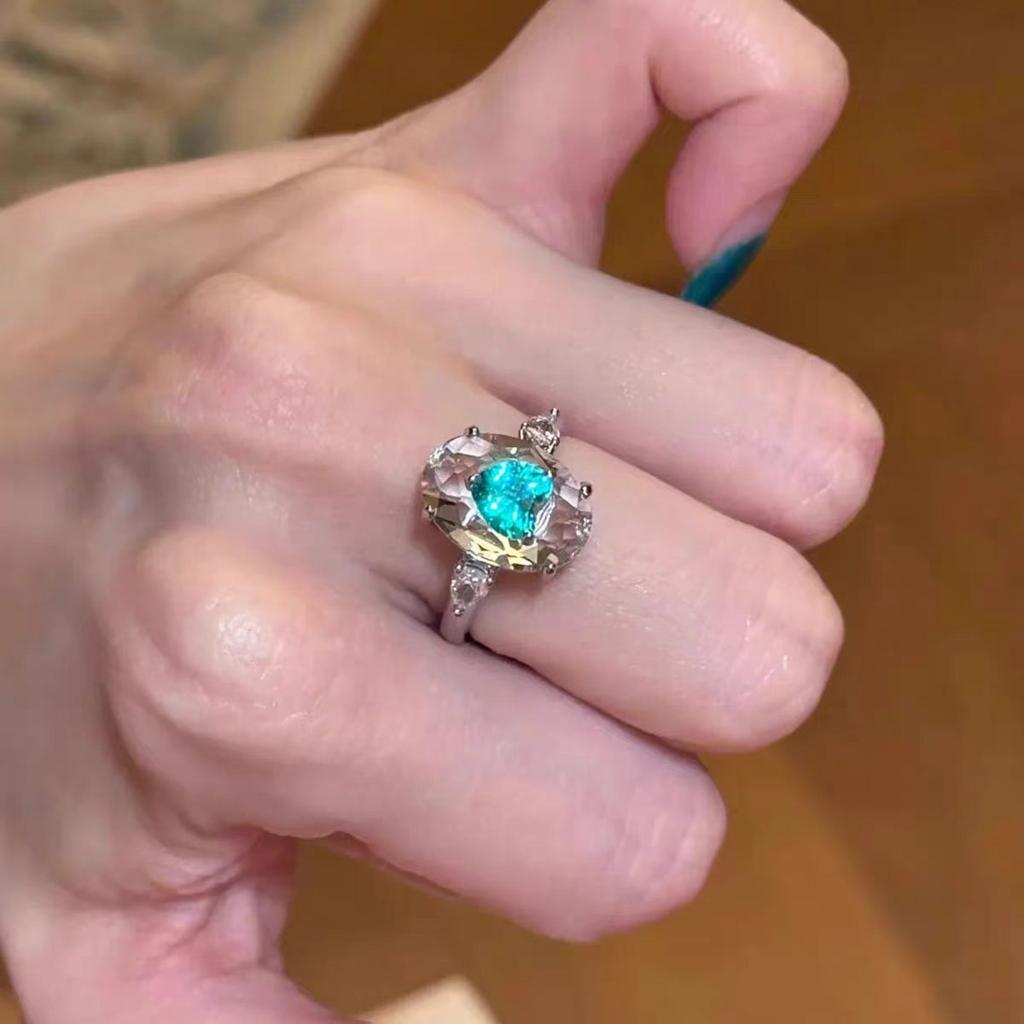 Premium blue love flash diamond ring necklace new light luxury fashion versatile index finger ring simple collarbone chain set