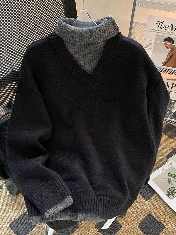 Men's Korean-Style High-Collar Knitwear: Loose Solid Color, Elegant Two-Piece Look, Versatile Winter Pullover