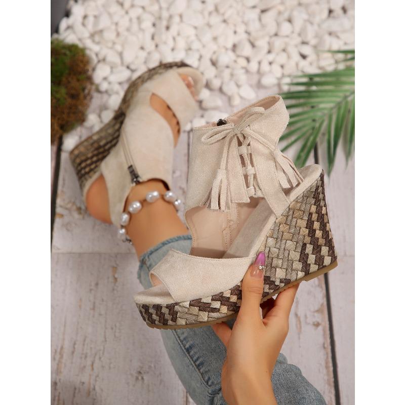 Summer New Wedge Sandals Women's 2025 Plus Size Muffin Fringe Thick-soled Fish Mouth Roman Sandals