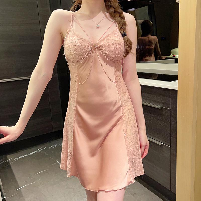 Summer ice silk suspender pajamas female sexy V-neck lace chain pajamas thin spring new loungewear
