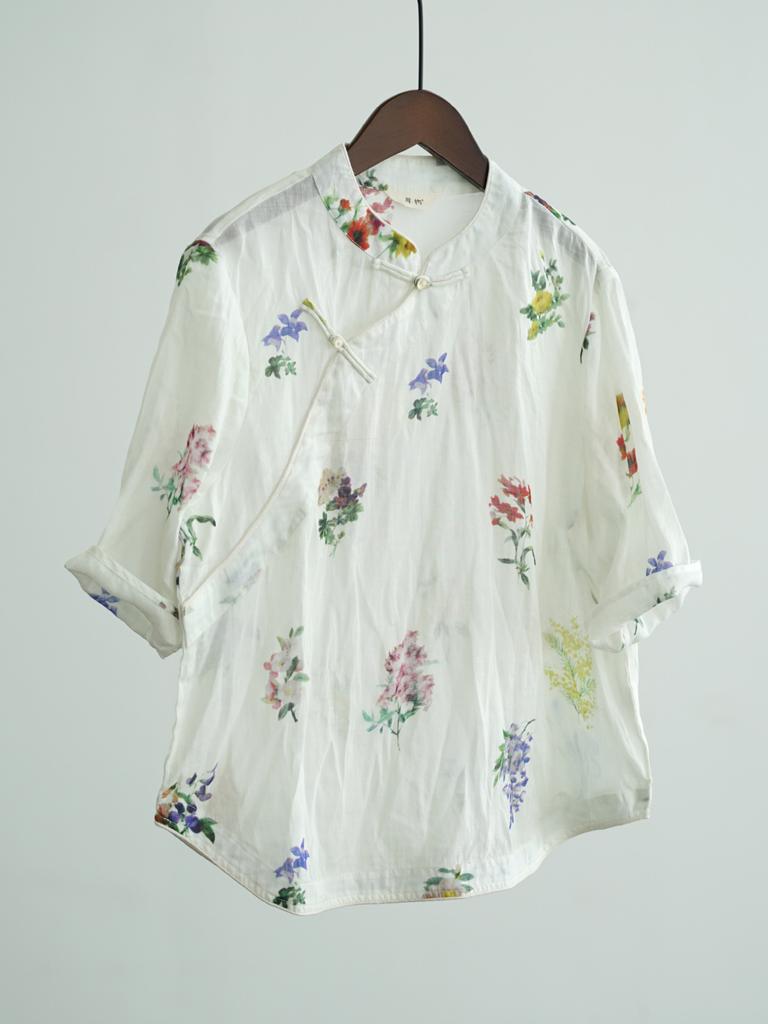 Johnature Women Vintage Print Floral Shirts Tops Stand Seven Sleeve Blouses Summer Button Chinese Style Shirt