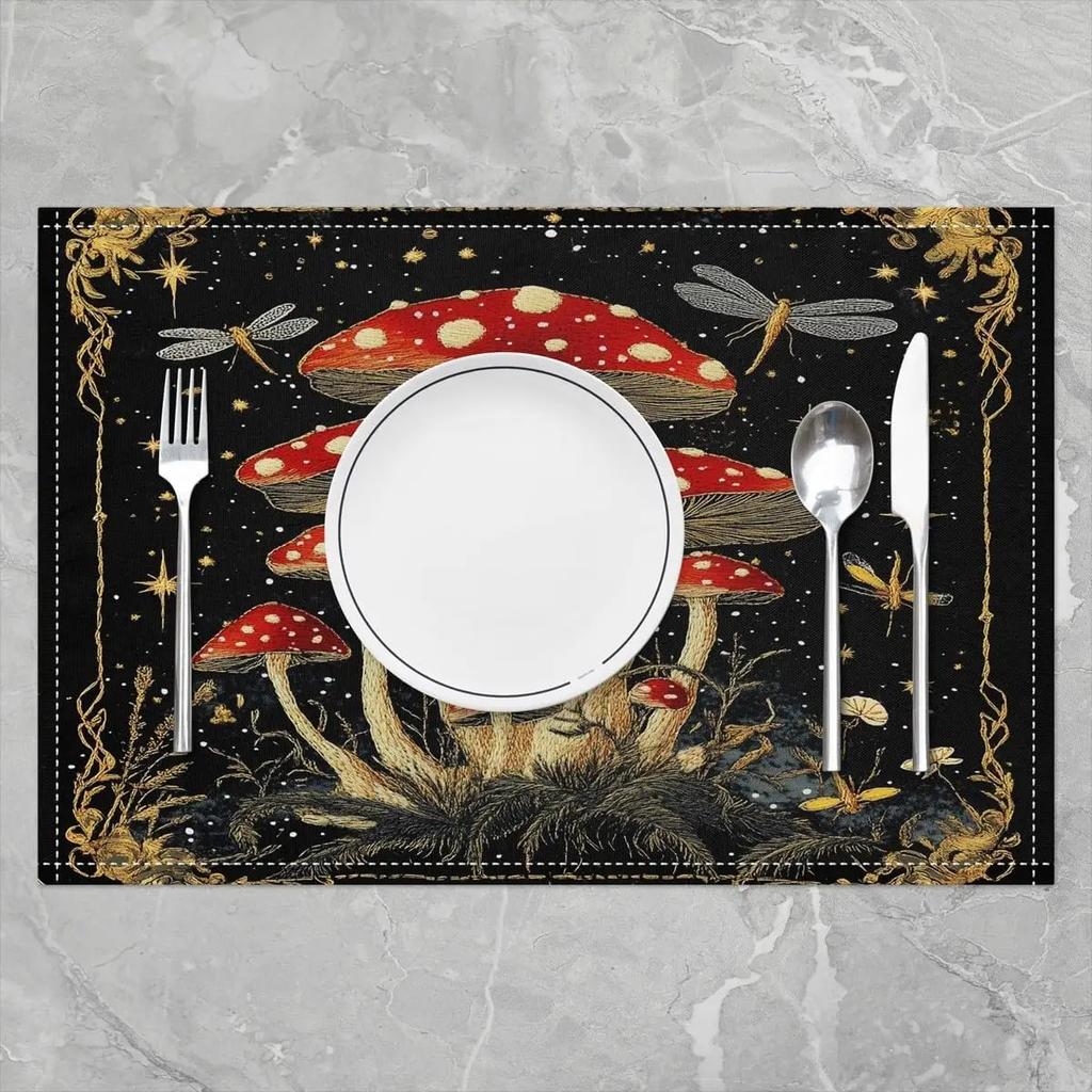 1PC Mushroom Decor Table Place Mats Longleg Mushroom Dragonfly Placemat for Kitchen Dining Table Decor