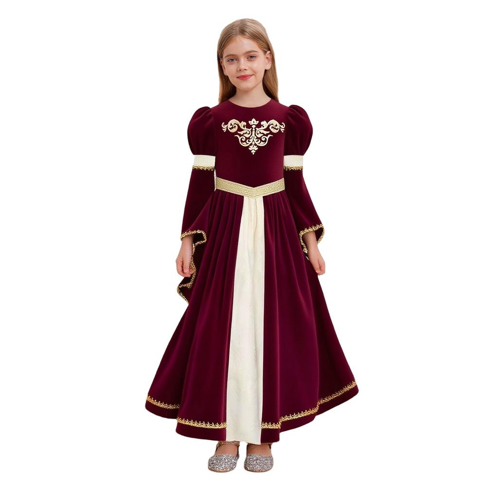 Luxury Medieval Princess Gown for Kids: Detailed Patchwork, Bell Sleeves, Gold Print & Waist Band for Renaissance Theme Event