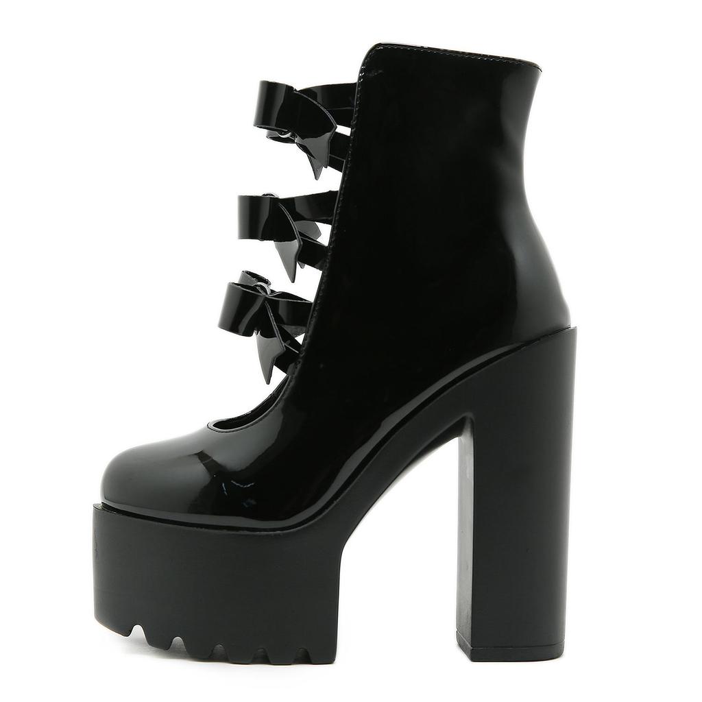 Gdgydh Sweet Mary Jane High Heels Bow Detail Chunky Platform Ultra High Heels Side Zipper Platform Shoes for Women Footwear