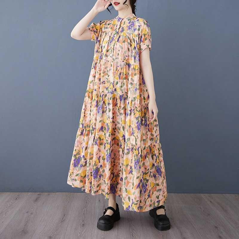 Cotton 2025 Summer Women's Loose Large Size Fashion Printed Long Dresses
