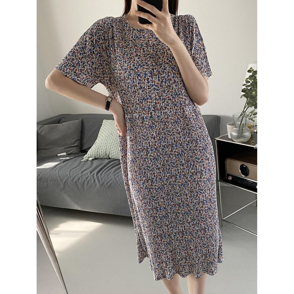 Summer Women Dress Small Flower Print Crew Neck Loose Short Sleeves Pleated Mid-calf Length Pullover Shopping Midi Dress