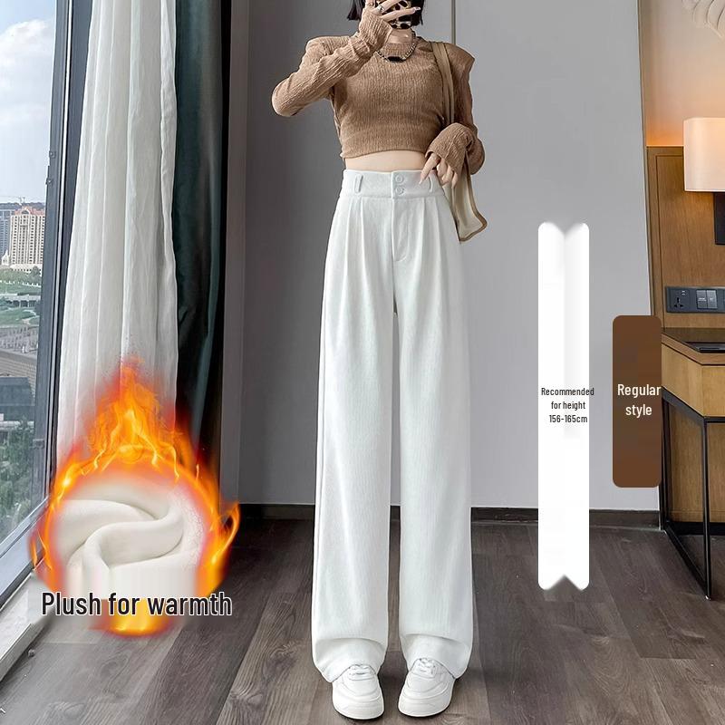 145cm Fleece-Lined High-Waisted Wide-Leg Chenille Pants - Women's XS, Petite, Black, Casual Autumn/Winter