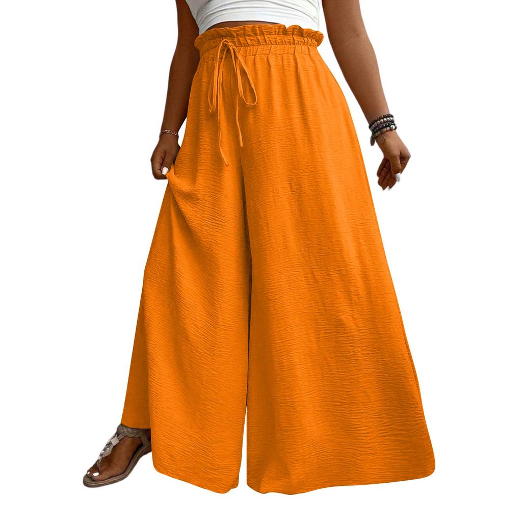 Women High Waist Wide Leg Palazzo Pants Drawstring Elastic Waist Loose Fit Flowy Long Trousers with Pockets for Casual Daily Wear