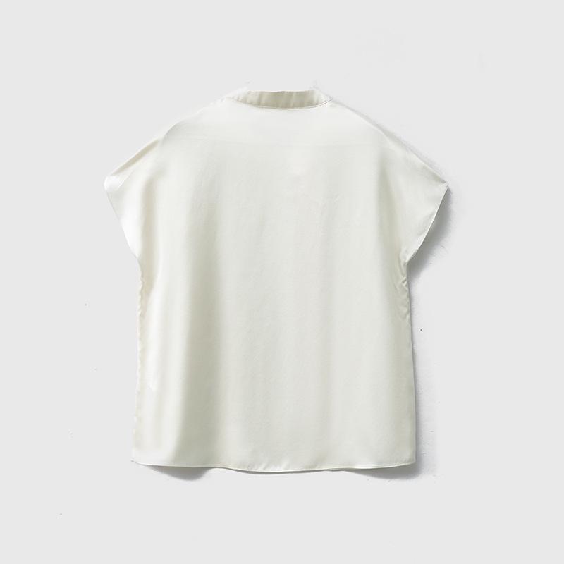 Chinese Style Silk Satin Mandarin Collar Blouse - Women's Summer Tie-Up Raglan Sleeve Top